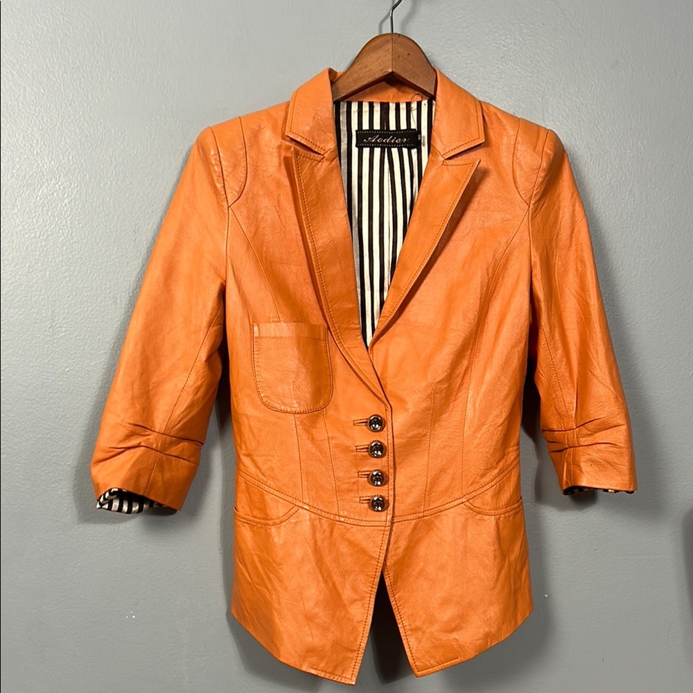 Aodier Orange Leather Women's Jacket size 40 XS to S - Picture 3 of 16